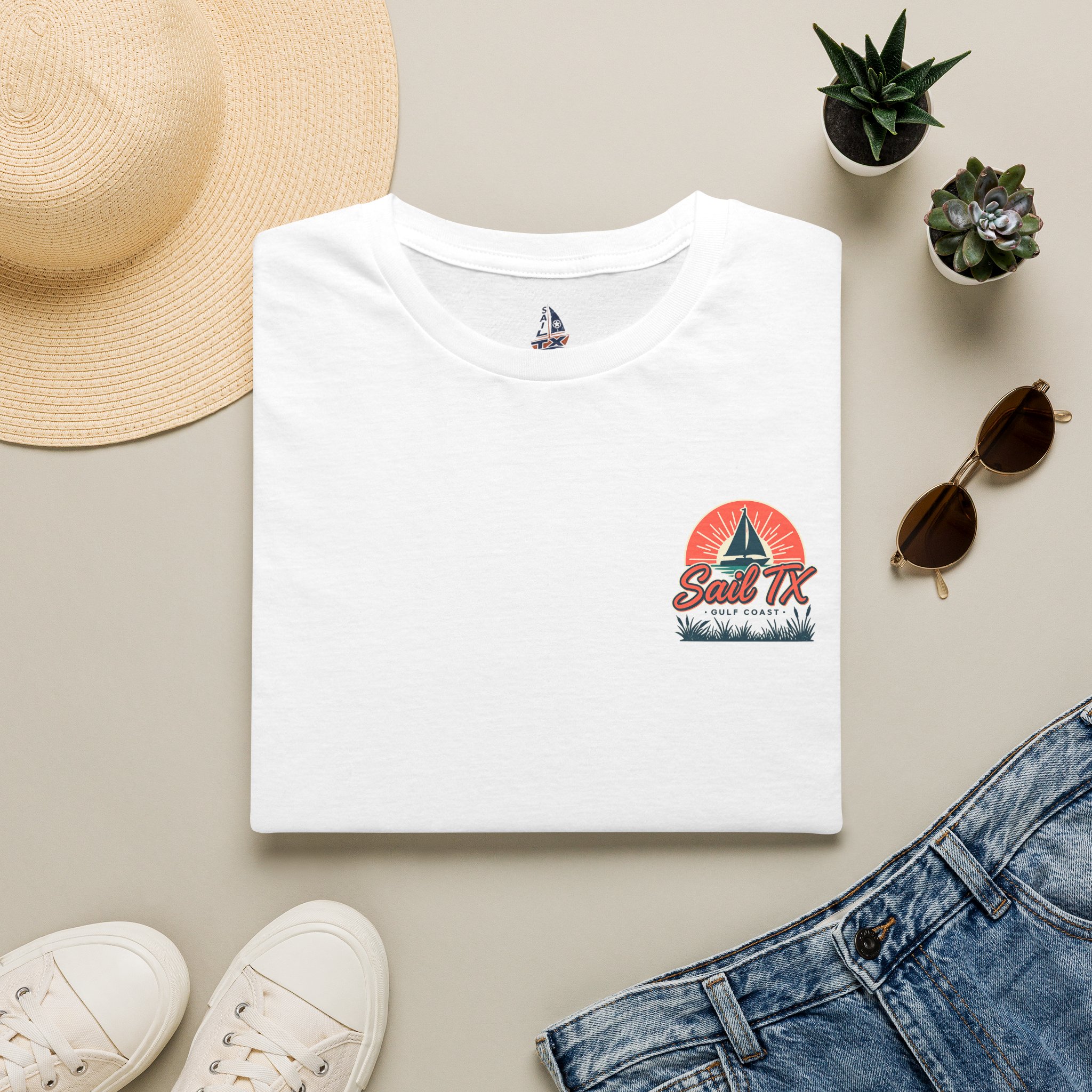 Sail TX T‑Shirt — Retro Sunset Sailboat Graphic